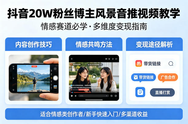 抖音20W粉丝博主风景音推视频教学，情感赛道必学，各种变现途径-轻创终点站
