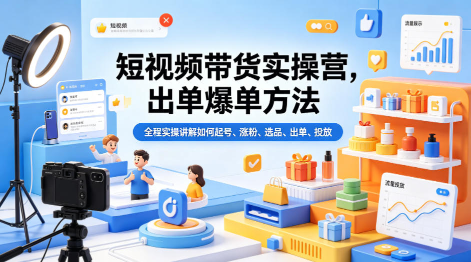 短视频带货实操营，出单爆单方法，全程实操讲解如何起号、涨粉、选品、出单、投放-轻创终点站