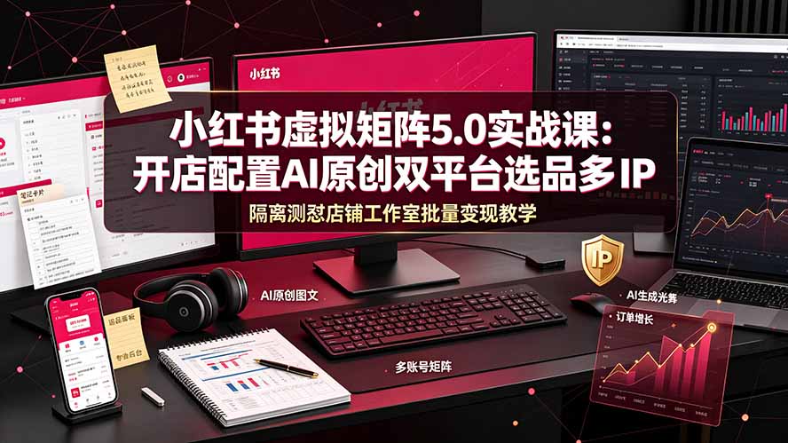 小红书虚拟矩阵5.0实战课:开店配置|AI原创|双平台选品|多IP隔离|测怼店铺工作室批量变现实操教学-轻创终点站