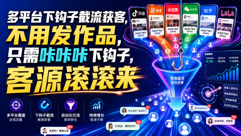 多平台下钩子截流获客,不用发作品,只需咔咔咔下钩子,客源滚滚来-轻创终点站