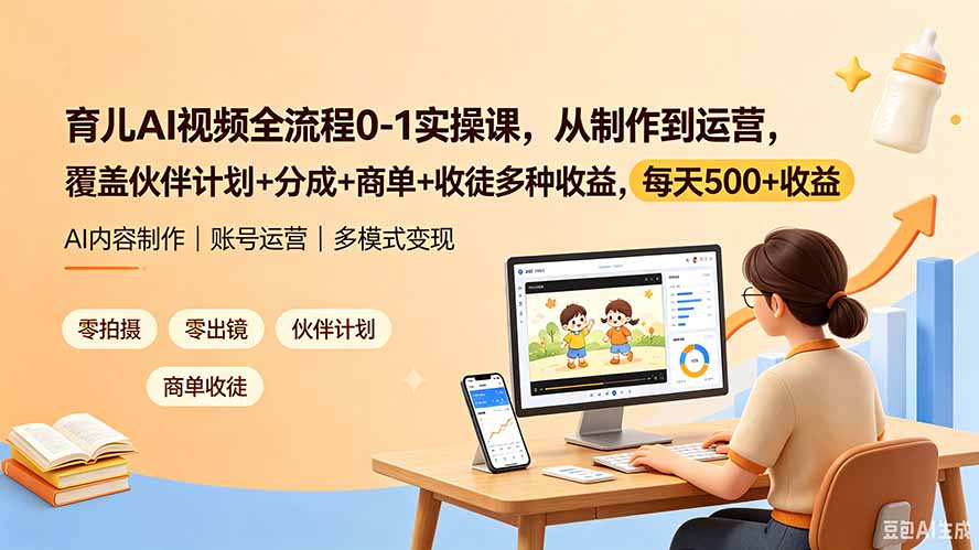育儿AI视频全流程0-1实操课,从制作到运营,覆盖伙伴计划+分成+商单+收徒多种收益,每天500+收益-轻创终点站