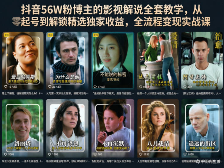 抖音56W粉博主的影视解说全套教学，从零起号到解锁精选独家收益，全流程变现实战课-轻创终点站