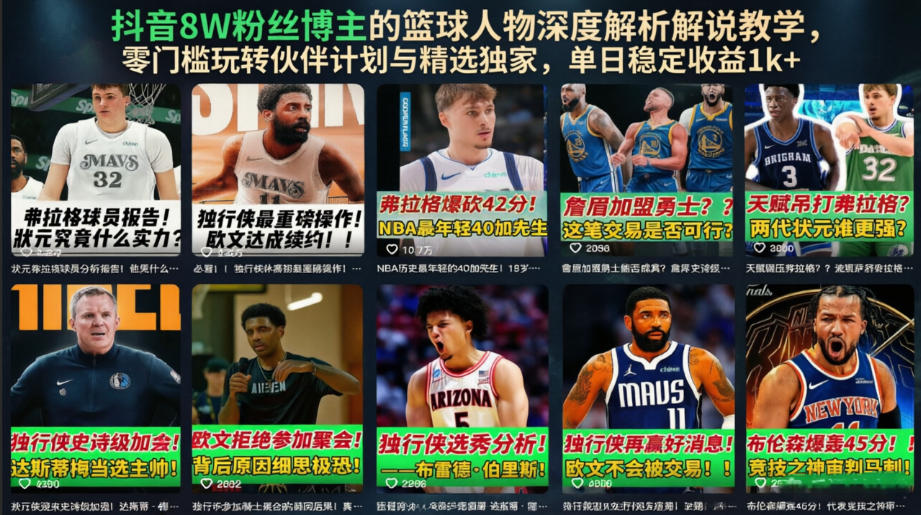 抖音8W粉丝博主的篮球人物深度解析解说教学,零门槛玩转伙伴计划与精选独家,单日稳定收益1k+-轻创终点站