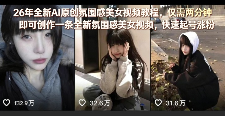 26年全新AI原创氛围感美女视频教程，仅需两分钟即可创作一条全新氛围感美女视频，快速起号涨粉-轻创终点站