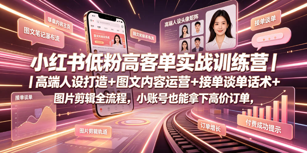 小红书低粉高客单实战训练营｜高端人设打造+图文内容运营+接单谈单话术+图片剪辑全流程，小账号也能拿下高价订单-轻创终点站