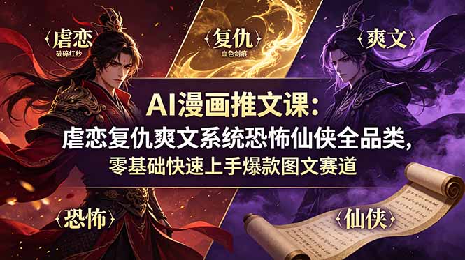 AI漫画推文课:虐恋复仇爽文系统恐怖仙侠全品类,零基础快速上手爆款图文赛道-轻创终点站