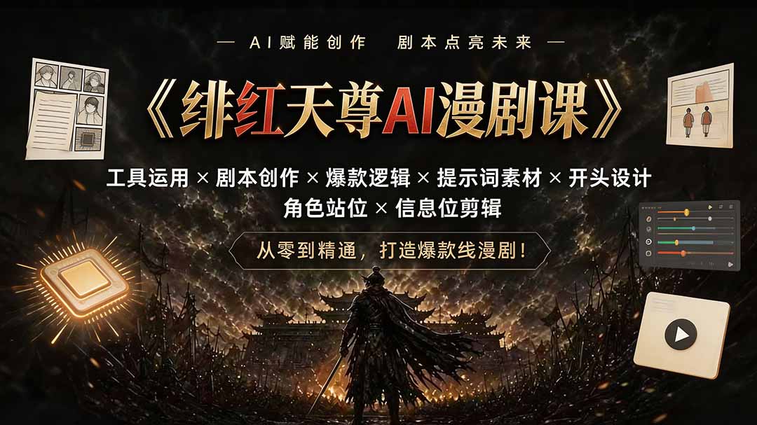 绯红天尊AI漫剧课｜工具运用×剧本创作×爆款逻辑×提示词素材×开头设计×角色站位×信息位剪辑-轻创终点站