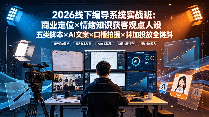 2026线下编导系统实战班：商业定位×情绪知识获客观点人设五类脚本×AI文案×口播拍摄×抖加投放全链路-轻创终点站