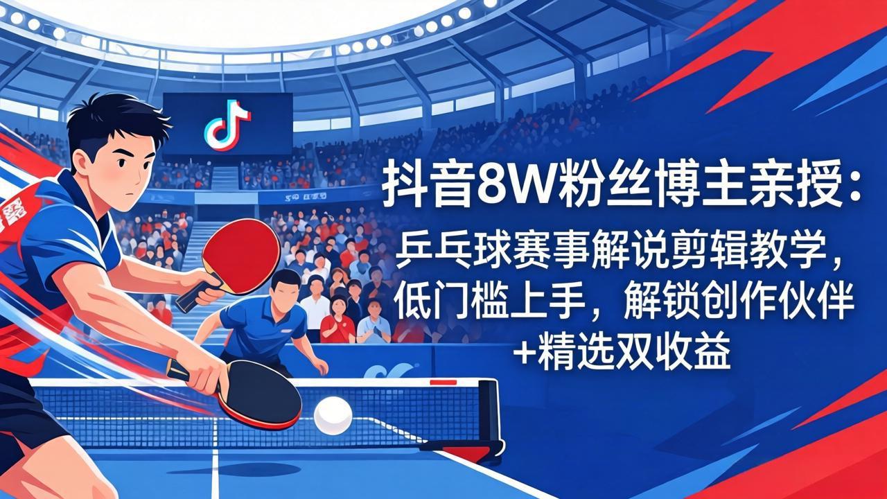 抖音8W粉丝博主亲授：乒乓球赛事解说剪辑教学，低门槛上手，解锁创作伙伴+精选双收益-轻创终点站