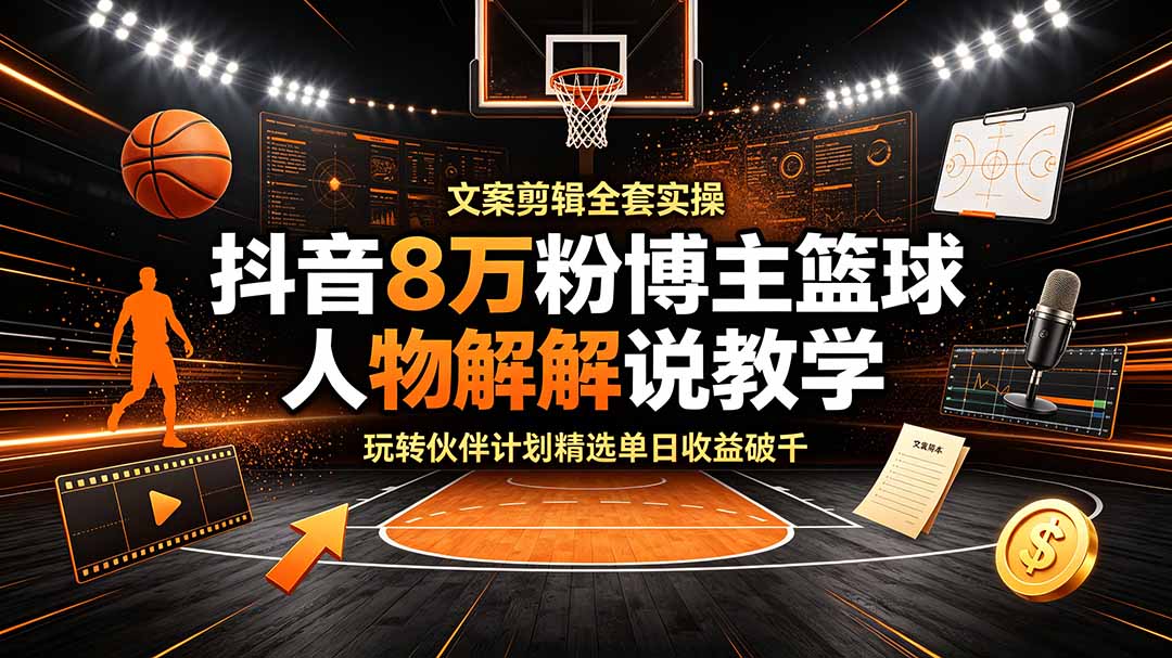 抖音8万粉博主篮球人物解说教学，文案剪辑全套实操，玩转伙伴计划精选单日收益破千-轻创终点站