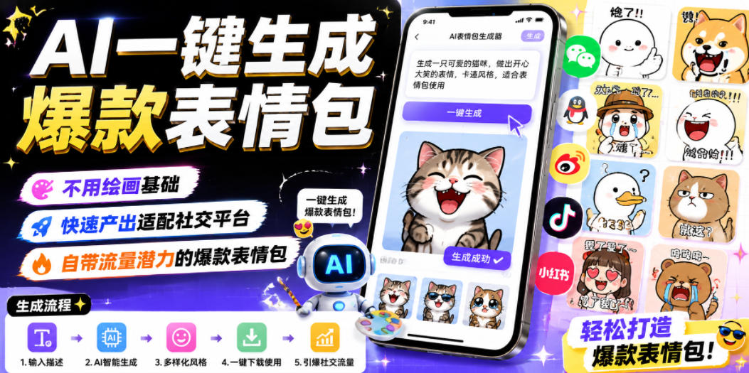 AI一键生成爆款表情包，不用绘画基础，快速产出适配社交平台，自带流量潜力的爆款表情包-轻创终点站
