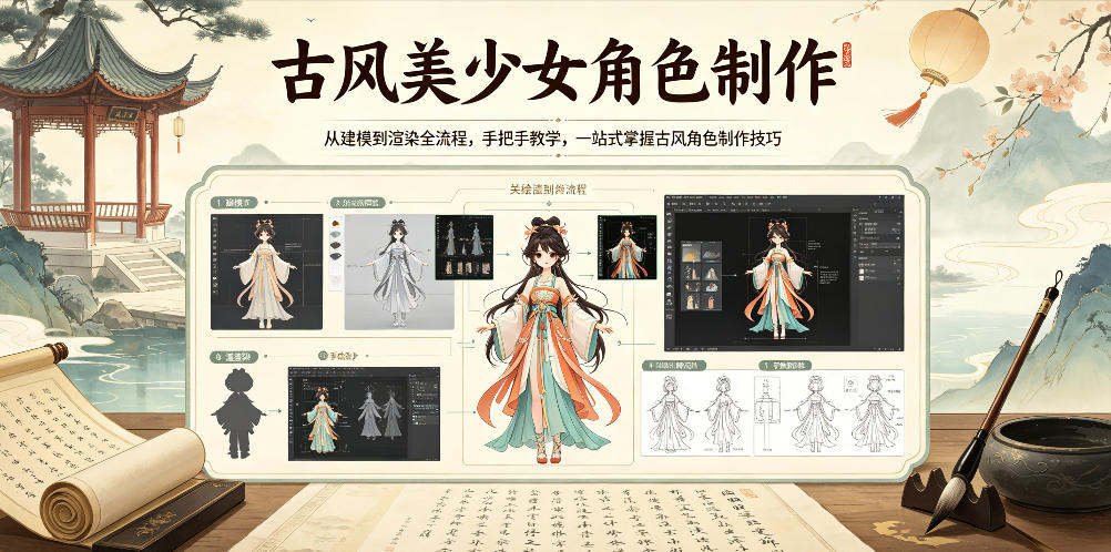 古风美少女角色制作,从建模到渲染全流程,手把手教学,一站式掌握古风角色制作技巧-轻创终点站