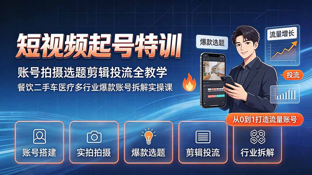 短视频起号特训｜账号拍摄选题剪辑投流全教学，餐饮二手车医疗多行业爆款账号拆解实操课-轻创终点站