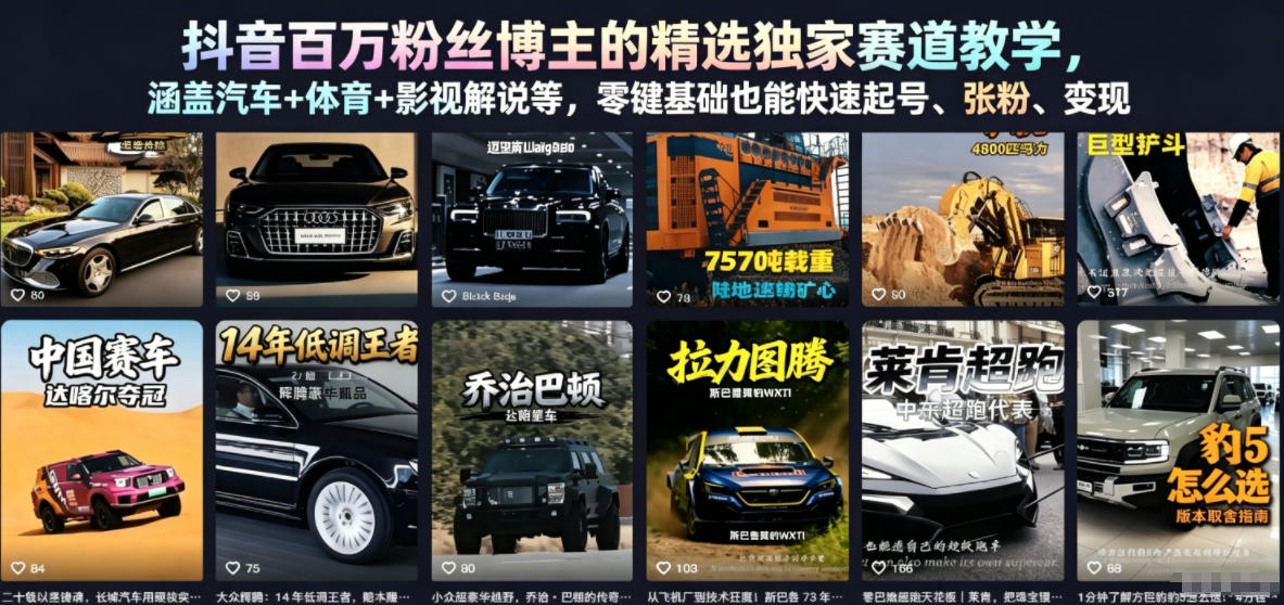 抖音百万粉丝博主的精选独家赛道教学，涵盖汽车+体育+影视解说等，零基础也能快速起号、涨粉、变现-轻创终点站