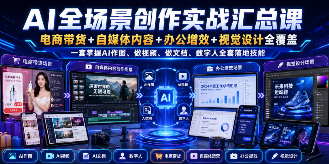 AI全场景创作实战汇总课|电商带货+自媒体内容+办公增效+视觉设计全覆盖,一套掌握AI作图、做视频、做文档、数字人全套落地技能-轻创终点站