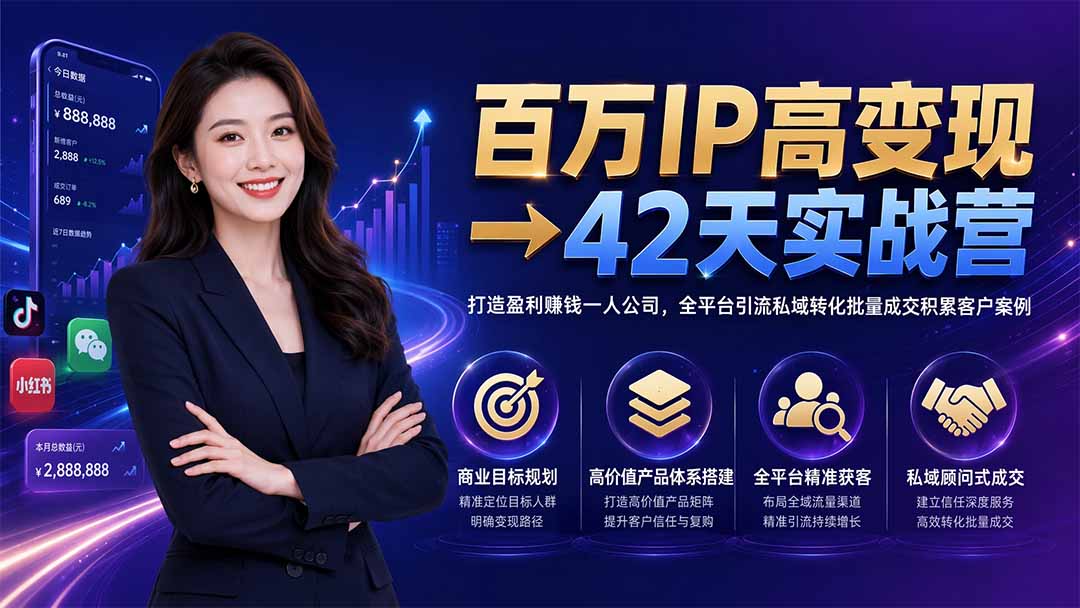 百万IP高变现→42天实战营|打造盈利赚钱一人公司,全平台引流私域转化批量成交积累客户案例-轻创终点站