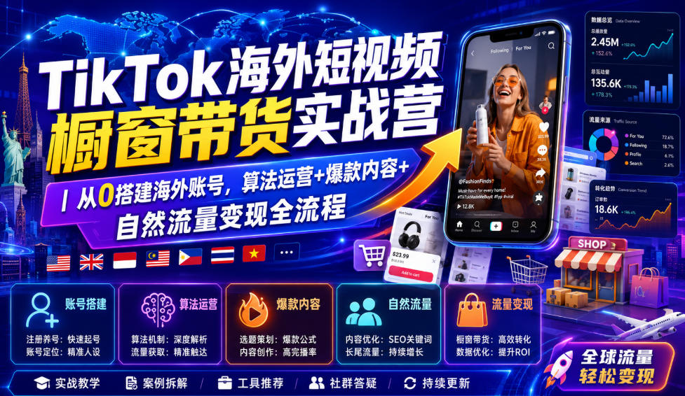 TikTok海外短视频橱窗带货实战营|从0搭建海外账号,算法运营+爆款内容+自然流量变现全流程-轻创终点站