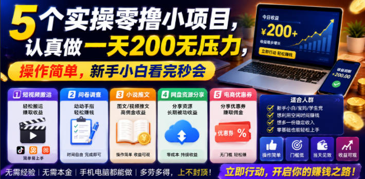 5个实操零撸小项目，认真做一天200无压力，操作简单，新手小白看完秒会【揭秘】-轻创终点站