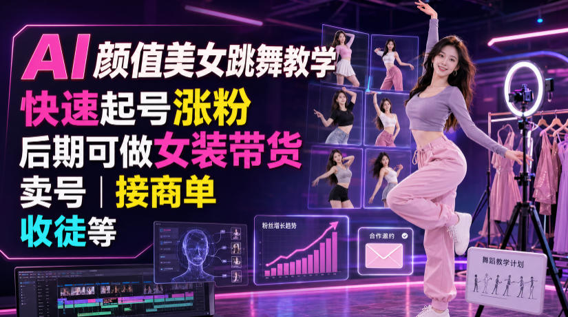 AI颜值美女跳舞教学,快速起号涨粉,后期可做女装带货,卖号,接商单,收徒等-轻创终点站