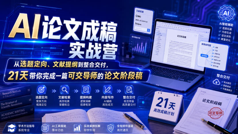 AI论文成稿实战营，从选题定向、文献提纲到整合交付，21天带你完成一篇可交导师的论文阶段稿-轻创终点站