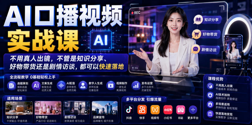 AI口播视频实战课，不用真人出镜，不管是知识分享、好物带货还是剧情访谈，都可以快速落地-轻创终点站