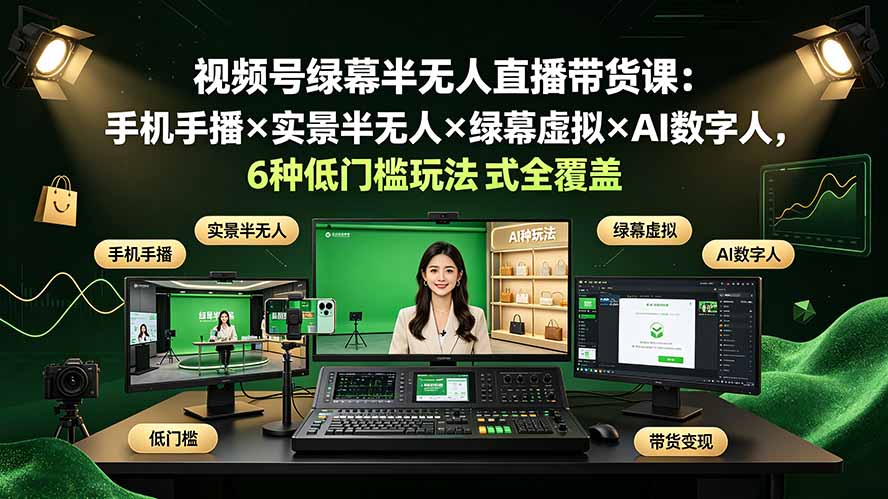 视频号绿幕半无人直播带货课:手机手播×实景半无人×绿幕虚拟×AI数字人,6种低门槛玩法全覆盖-轻创终点站