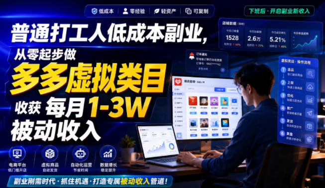 普通打工人低成本副业，从零起步做多多虚拟类目，收获每月1-3W被动收入【揭秘】-轻创终点站