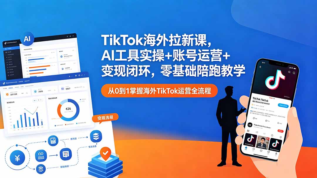 TikTok海外拉新课，AI工具实操+账号运营+变现闭环，零基础陪跑教学-轻创终点站