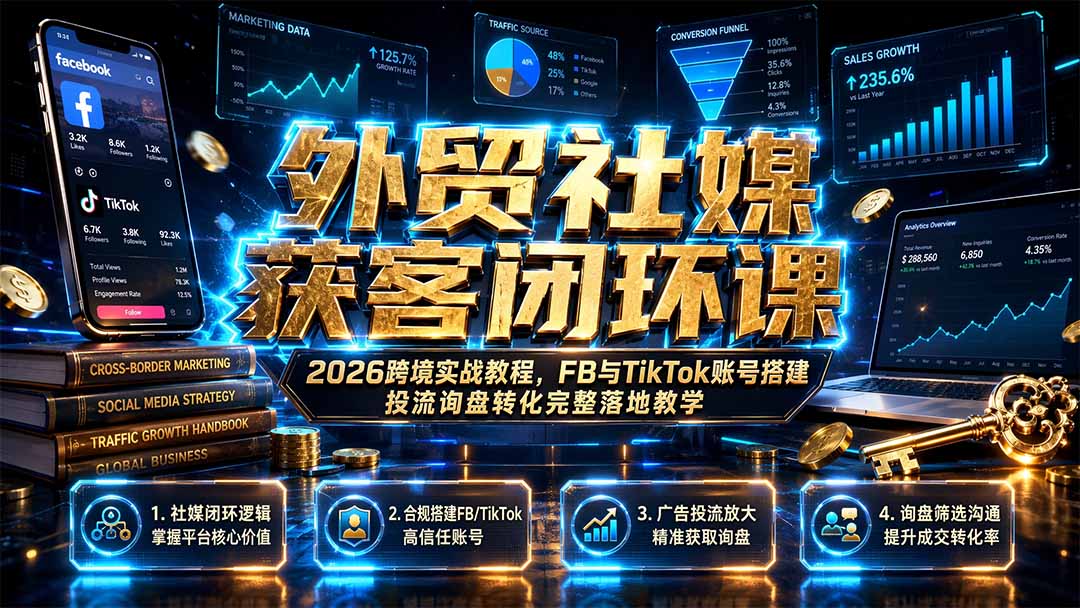 外贸社媒获客闭环课｜2026跨境实战教程，FB与TikTok账号搭建投流询盘转化完整落地教学-轻创终点站