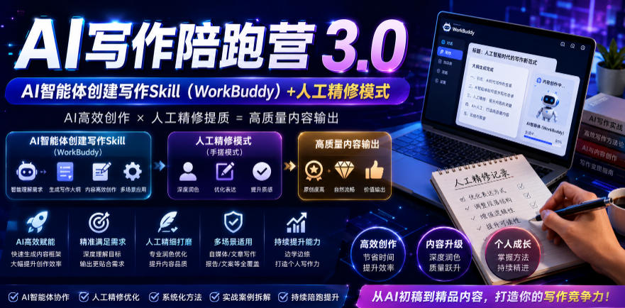 AI写作陪跑营3.0，Ai智能体创建写作skill(workbuddy)+人工手写模式(手搓模式)，去除AI痕迹(头条号、公众号、百家号)(更新0730)-轻创终点站