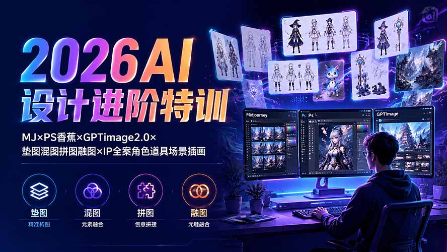 2026AI设计进阶特训:MJ×PS香蕉×GPTimage2.0×垫图混图拼图融图×IP全案角色道具场景插画-轻创终点站
