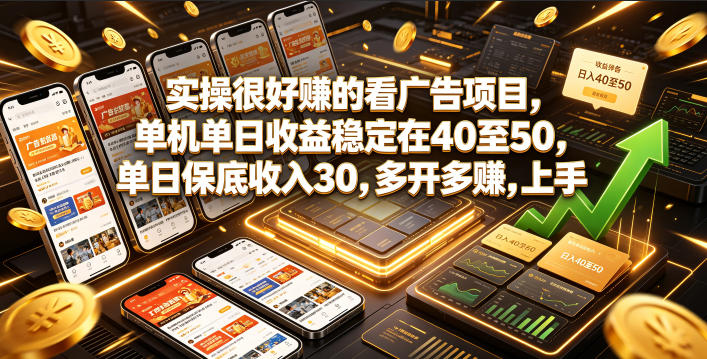 实操很好賺的看广告项目，单机单日收益稳定在40至50，单日保底收入30，多开多賺，上手就能变现【揭秘】-轻创终点站