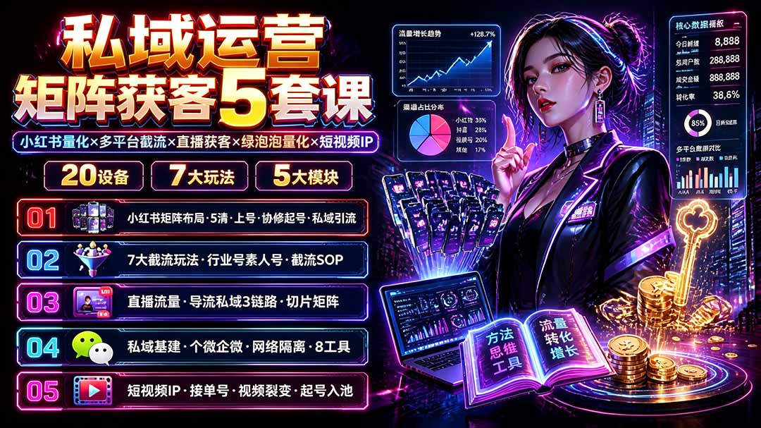 私域运营矩阵获客5套课：小红书量化×多平台截流×直播获客×绿泡泡量化×短视频IP×20设备×7大玩法-轻创终点站