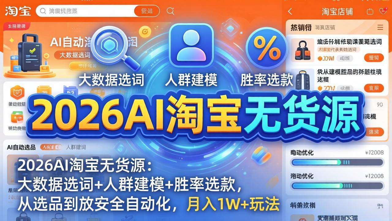 2026AI淘宝无货源-4月更新：大数据选词+人群建模+胜率选款，从选品到放大全自动化，月入1W+玩法-轻创终点站