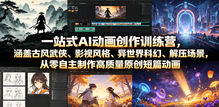 一站式AI动画创作训练营,涵盖古风武侠、影视风格、异世界科幻、解压场景,从零自主制作高质量原创短篇动画(更新)-轻创终点站
