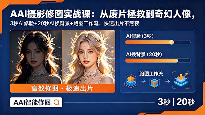 AI摄影修图实战课:从废片拯救 到 奇幻人像,3秒AI修脸+20秒AI换背景+跑图工作流,快速出片不熬夜-轻创终点站