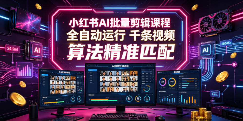 小红书AI批量剪辑课程,24小时全自动运行,解放双手专注运营,千条视频批量处理,小红书算法精准匹配-轻创终点站
