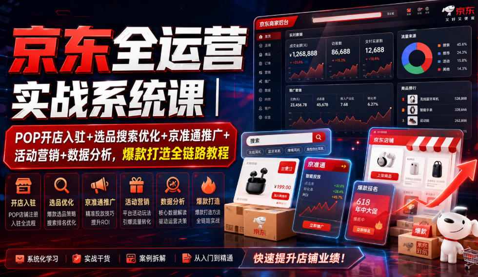 京东全运营实战系统课|POP开店入驻+选品搜索优化+京准通推广+活动营销+数据分析,爆款打造全链路教程-轻创终点站
