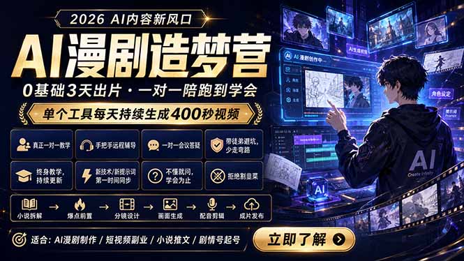 AI漫剧造梦营:0基础3天出片,单个工具每天持续生成400秒视频-轻创终点站