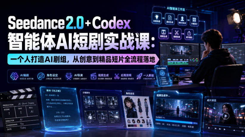 Seedance2.0+Codex智能体AI短剧实战课:一个人打造AI剧组,从创意到精品短片全流程-轻创终点站