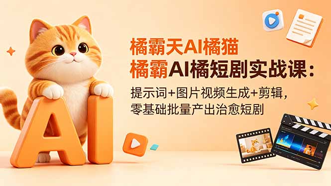 橘霸天AI橘猫短剧实战课：提示词+图片视频生成+剪辑，零基础批量产出治愈短剧-轻创终点站