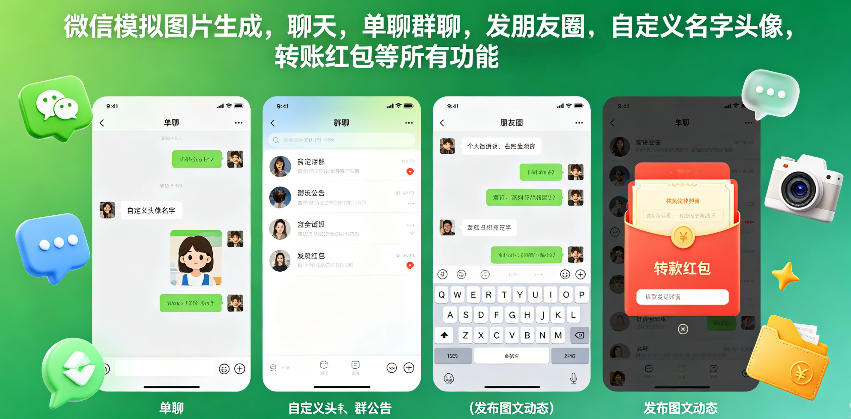 微信模拟图片生成，聊天，单聊群聊，发朋友圈，自定义名字头像，转账红包等所有功能都可以生成-轻创终点站