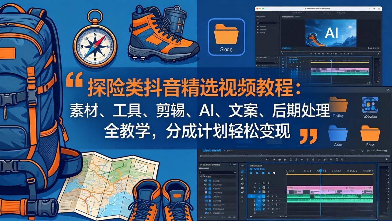 探险类抖音精选视频教程：素材、工具、剪辑、AI、文案、后期处理全教学，分成计划轻松变现-轻创终点站