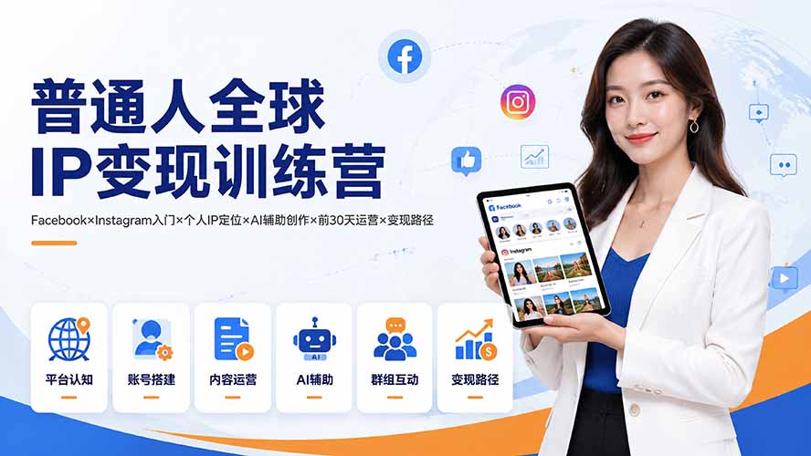 普通人全球IP变现训练营:Facebook×Instagram入门×个人IP定位×AI辅助创作×前30天运营×变现路径-轻创终点站