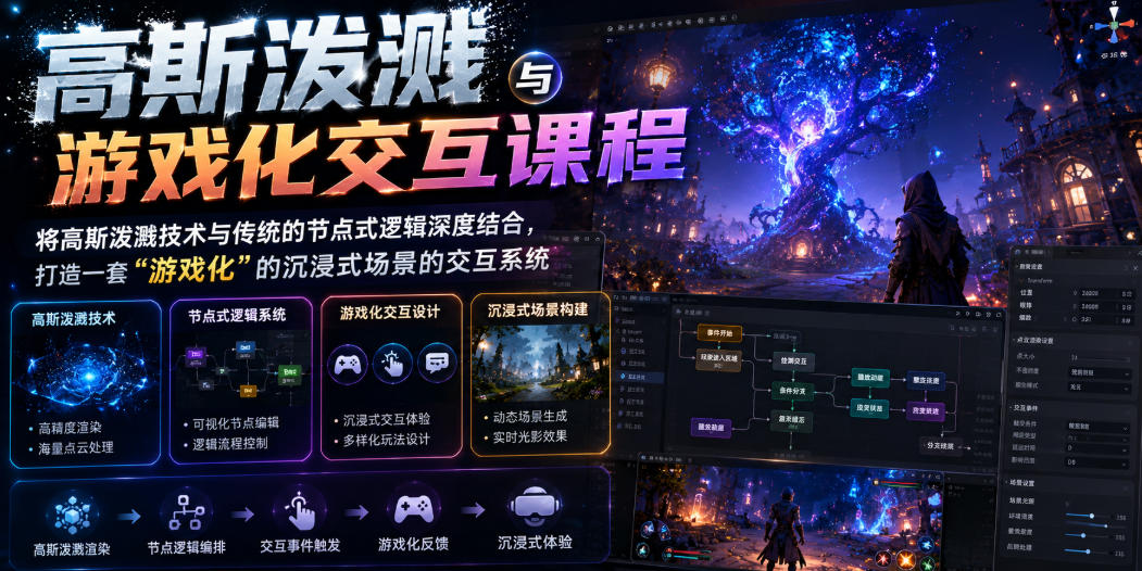 高斯泼溅与游戏化交互课程,将高斯泼溅技术与传统的节点式逻辑深度结合,打造一套“游戏化”的沉浸式场景的交互系统-轻创终点站