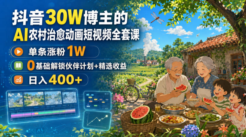 抖音30W博主的AI农村治愈动画短视频全套课|单条涨粉1W,0基础解锁伙伴计划+精选收益,日入400+-轻创终点站