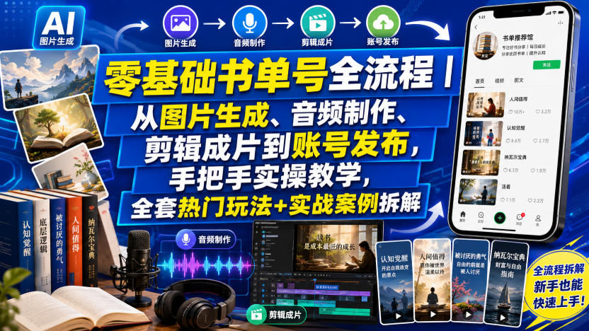零基础书单号全流程｜从图片生成、音频制作、剪辑成片到账号发布，手把手实操教学，全套热门玩法+实战案例拆解-轻创终点站