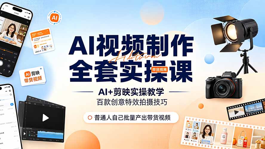 AI视频制作全套实操课，多款AI工具搭配剪映教学，百种特效运镜拍摄实操，抖音账号带货运营全覆盖-轻创终点站