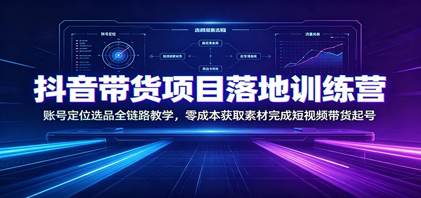 抖音带货项目落地训练营:账号定位选品全链路教学,零成本获取素材完成短视频带货起号-轻创终点站