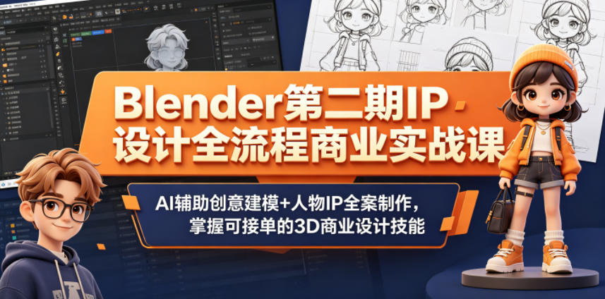 Blender第二期IP设计全流程商业实战课，AI辅助创意建模+人物IP全案制作，掌握可接单的3D商业设计技能-轻创终点站